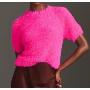 Anthropologie Pilcro Womens Neon Pink Fuzzy Eyelash Baby Sweater Tee Top Size M